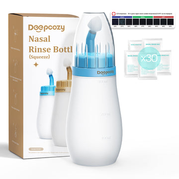 DeepCozy Neti Pot Sinus Rinse, Soft Tip Silicone Netting Pot for Sinus Squeeze Bottle, Nose Wash Cleaner Pressure Rinse with Sticker Thermometer for Adult & Kid 300ml with 30 Saline Packets