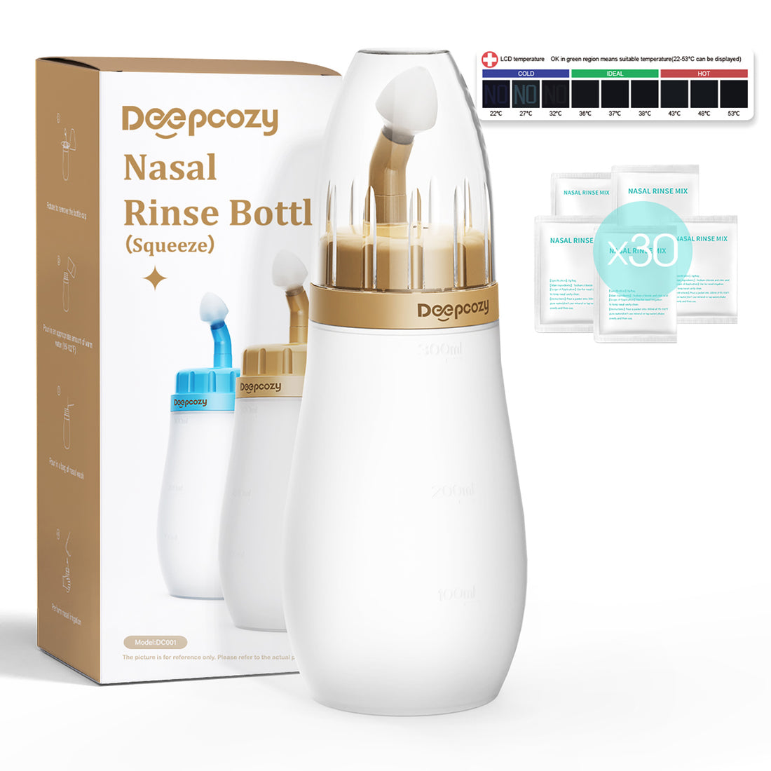 DeepCozy Neti Pot Sinus Rinse, Soft Tip Silicone Netting Pot for Sinus Squeeze Bottle, Nose Wash Cleaner Pressure Rinse with Sticker Thermometer for Adult & Kid 300ml with 30 Saline Packets
