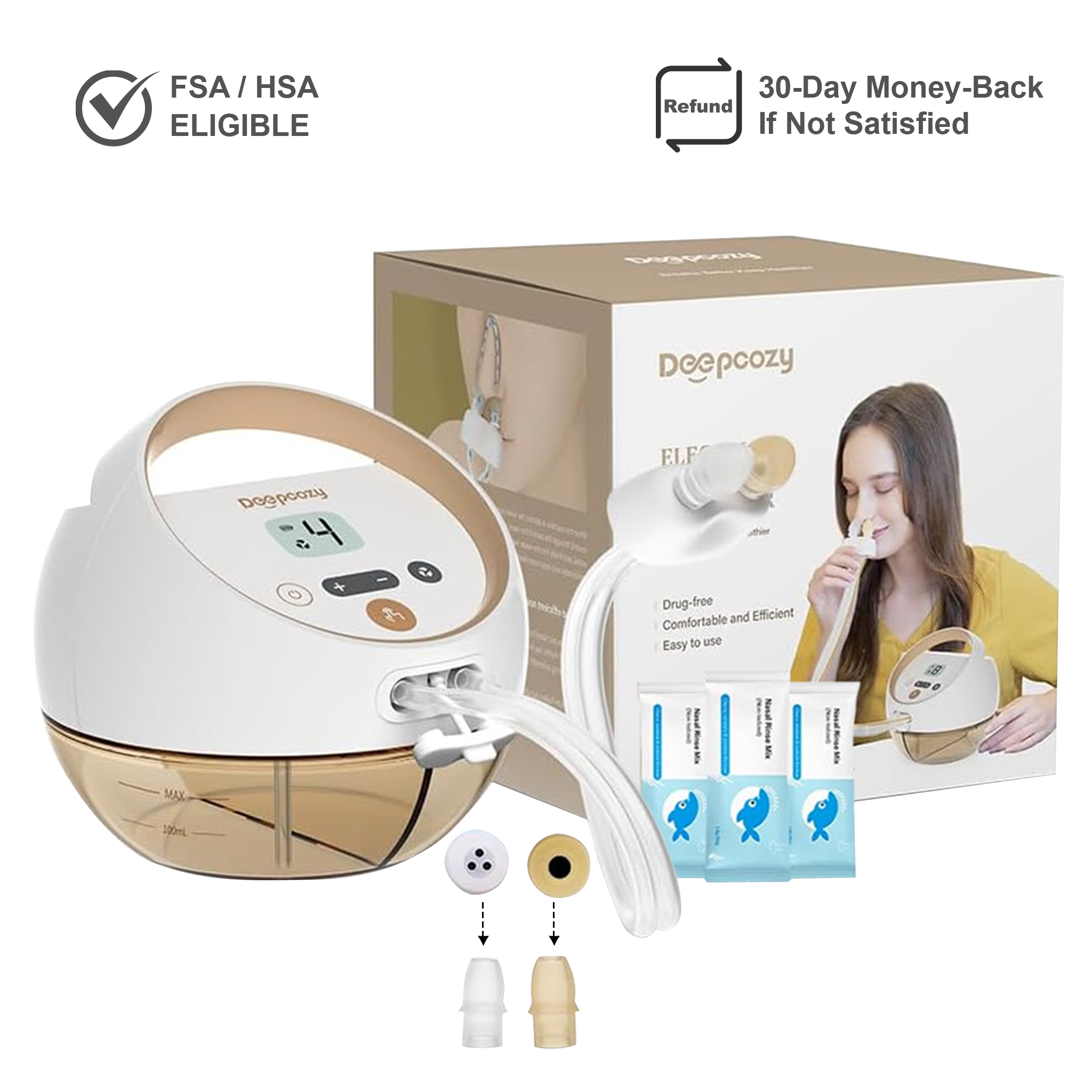DeepCozy Electric Nasal Irrigation System 4 Suction Levels with 30 Saline Packets