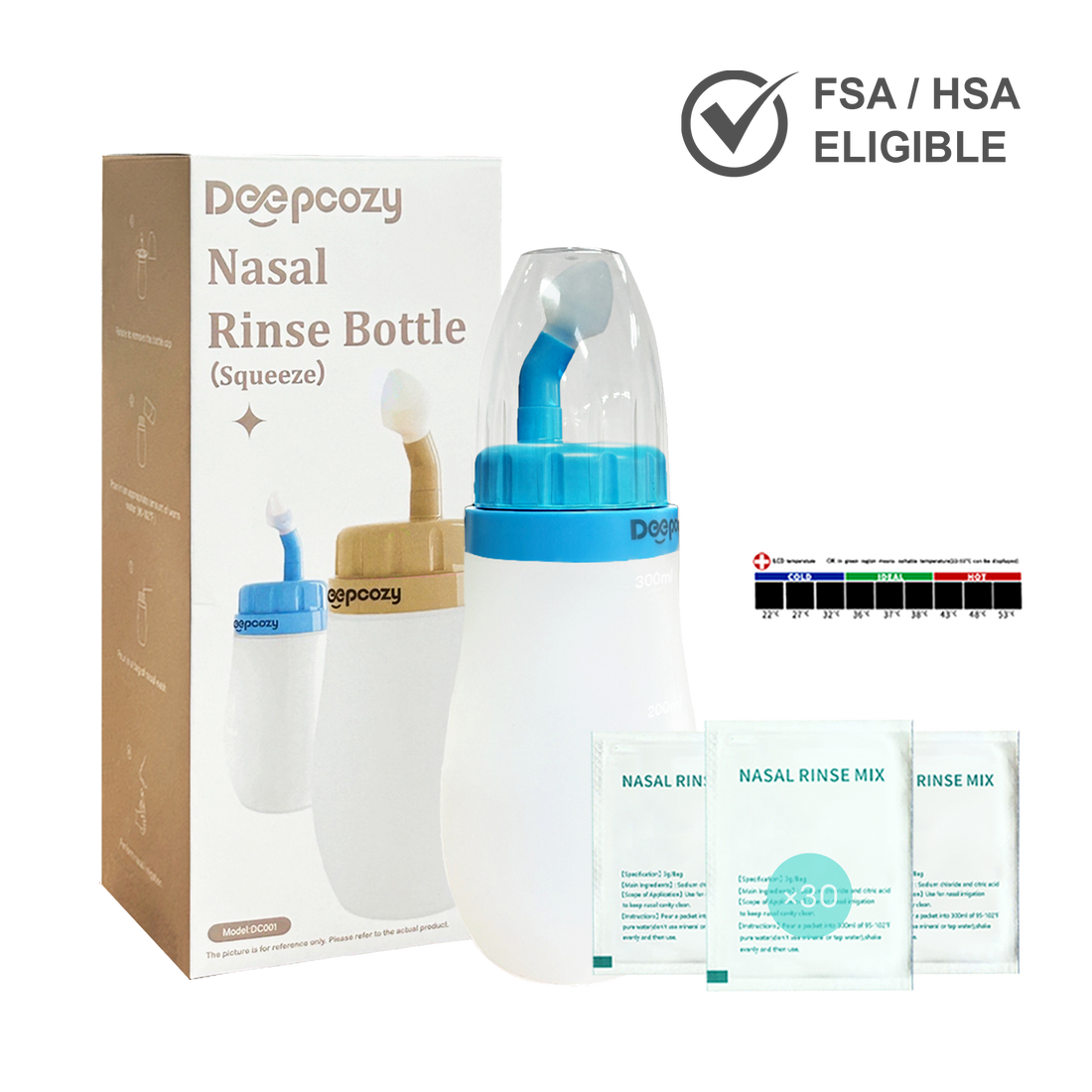DeepCozy 300ml Neti Pot Squeeze Bottle with 30 Saline Packets